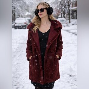 Burgundy Faux Fur and Knit Sweater Coat